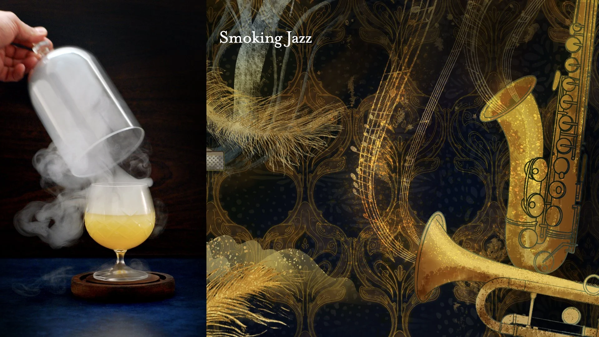 A glass with yellow liquid on a dark surface, with a clear plastic cup tilted above it, releasing white vapor.