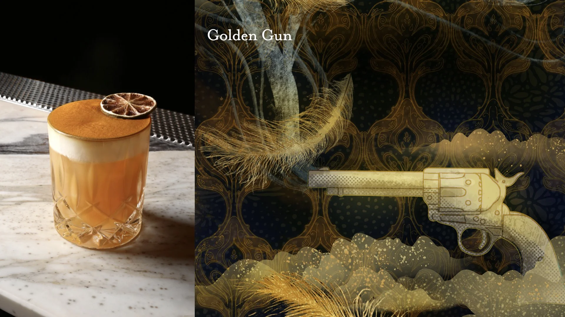 A cocktail in a textured glass garnished with a dried citrus slice, placed on a marble surface with a napkin in the background.