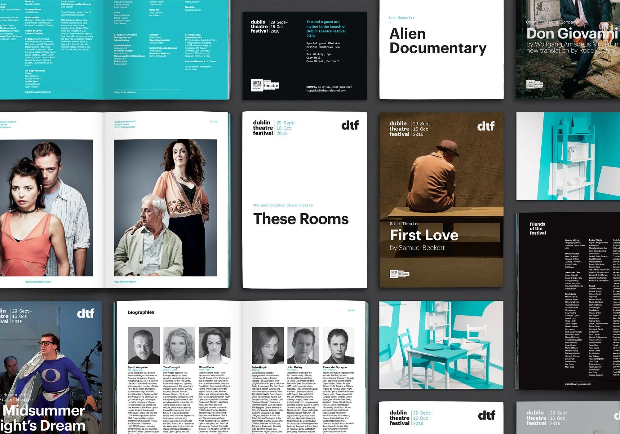 Collage of promotional materials for the Dublin Theatre Festival 2016, including posters, program guides, and photos of theatre productions and actors.