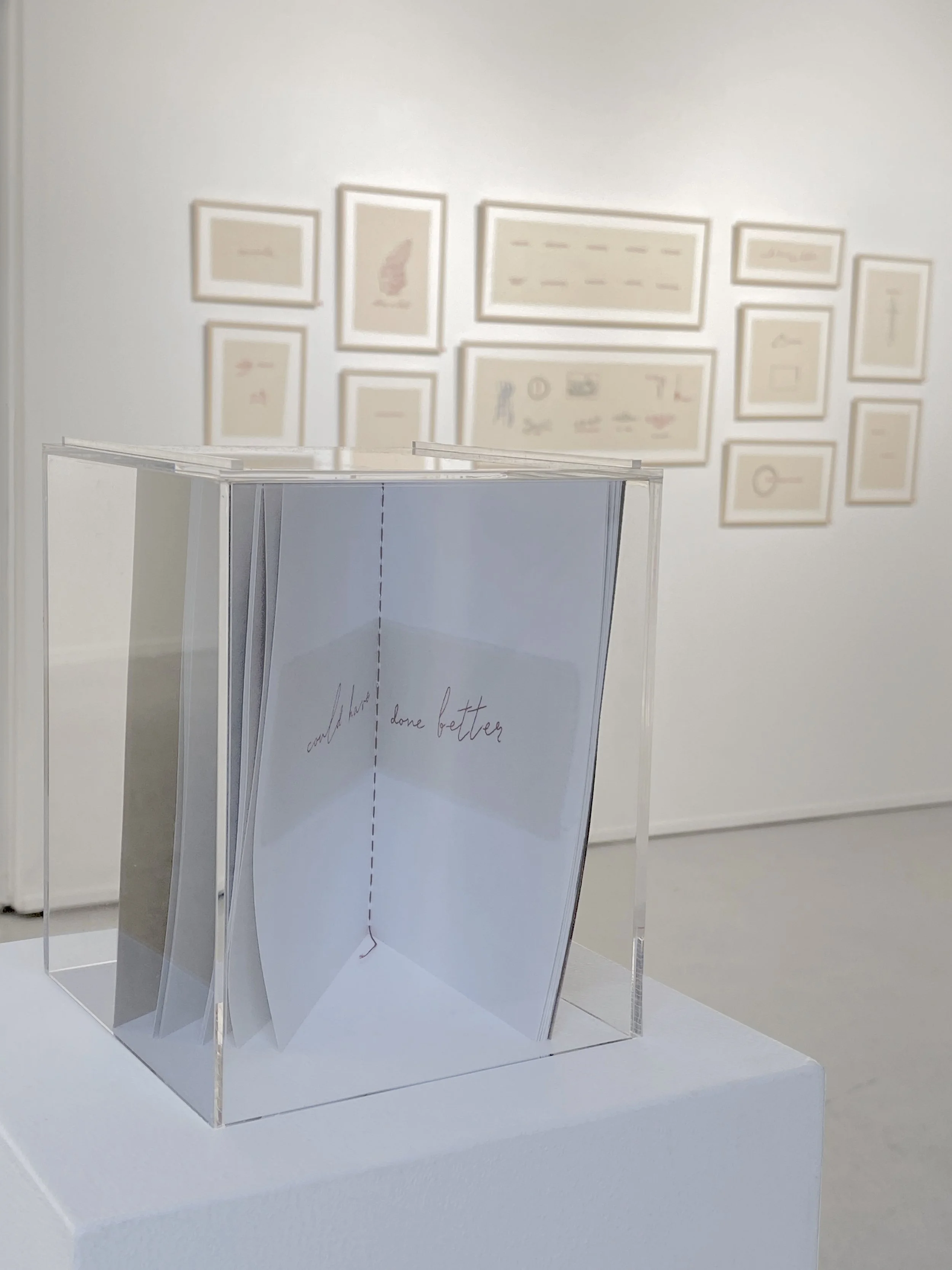 An art installation featuring a transparent, geometric sculpture in the foreground and framed artworks on the wall in the background, all displayed in a white gallery space.