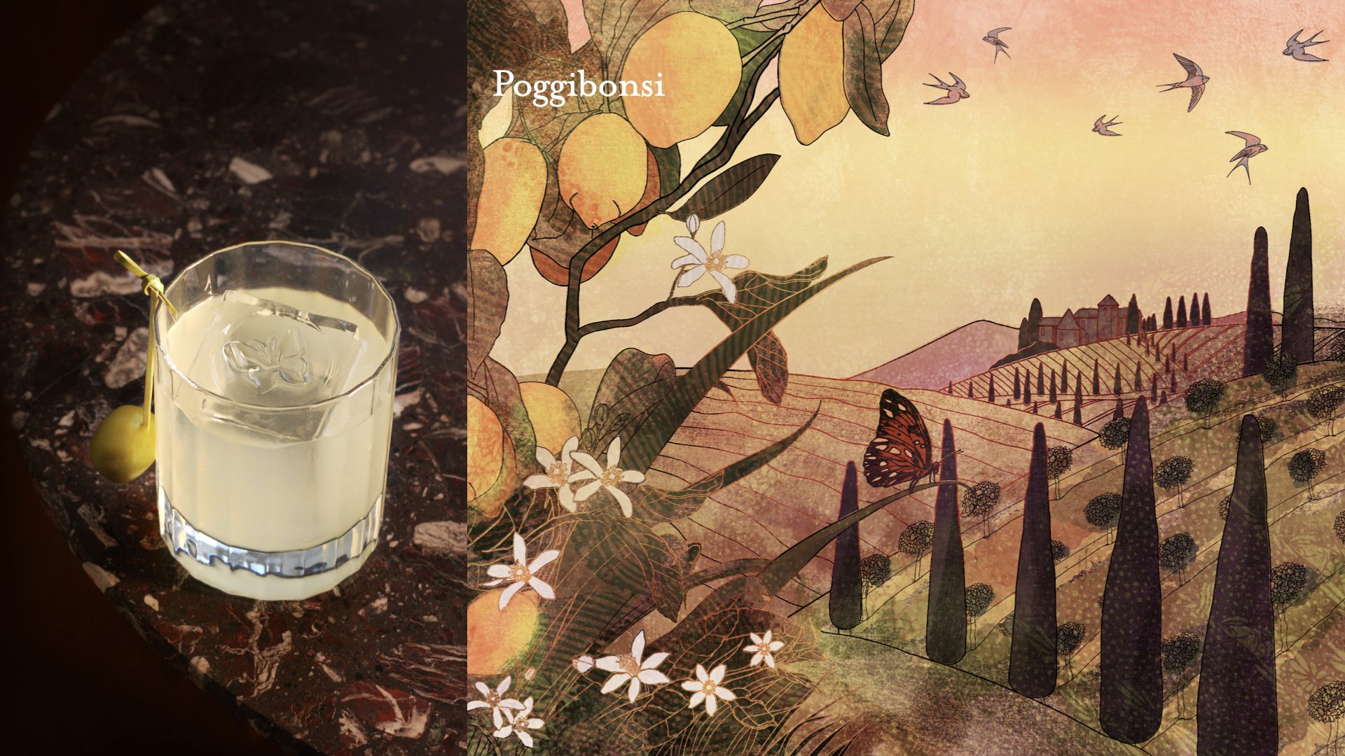 A glass of lemonade with ice and a cherry on a dark marble surface, next to a digital artwork of a scenic countryside with lemon trees, butterflies, and cypress trees.