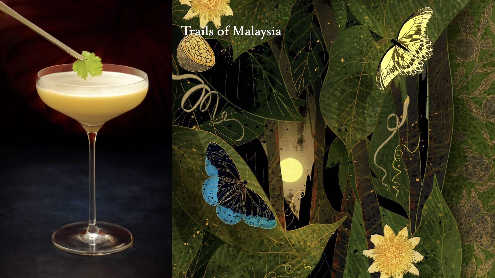 A cocktail glass filled with a yellowish beverage, garnished with a sprig of cilantro, set against a dark background. Part of a book cover titled 'Trails of Malaysia' featuring a jungle scene with butterflies and flowers.