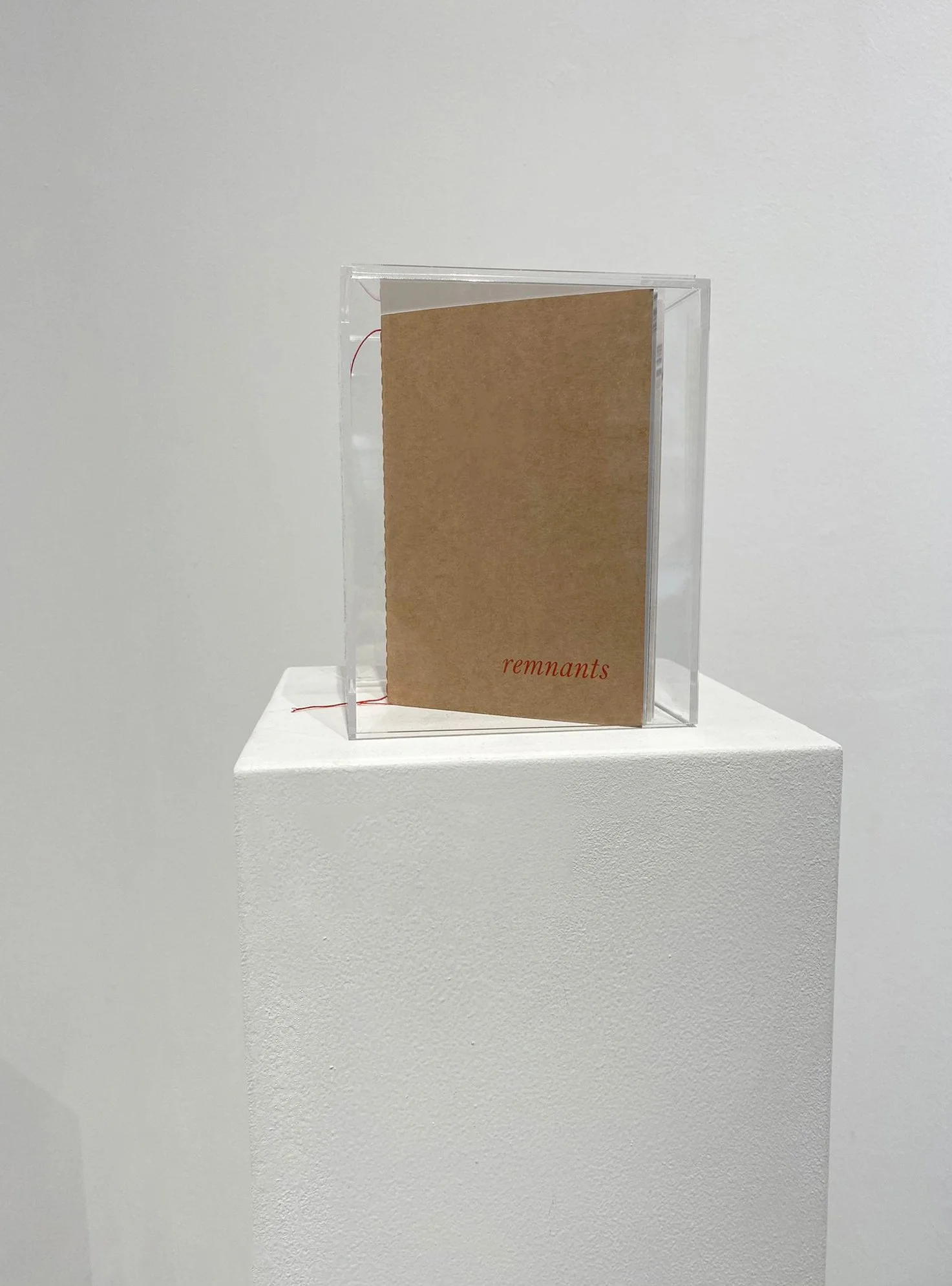 An art display featuring a paper with the word 'remnants' in red, encased in a transparent frame, on a white pedestal against a plain white wall.