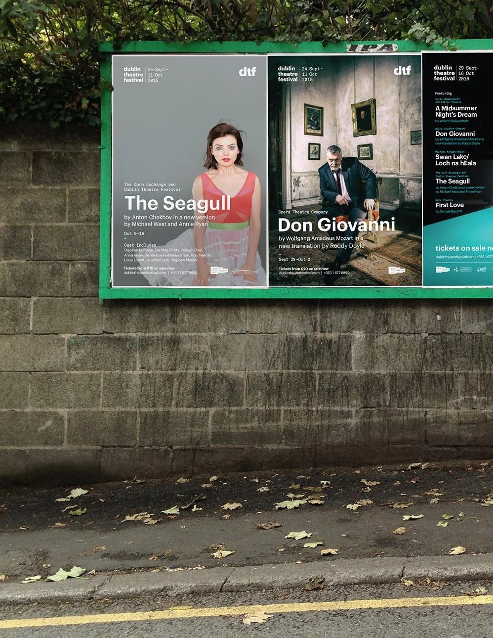 Billboard advertising two theatre productions, 'The Seagull' by Anton Chekhov featuring a woman in a pink and white dress, and 'Don Giovanni' by Wolfgang Amadeus Mozart featuring a man in a suit sitting in a room with framed pictures.