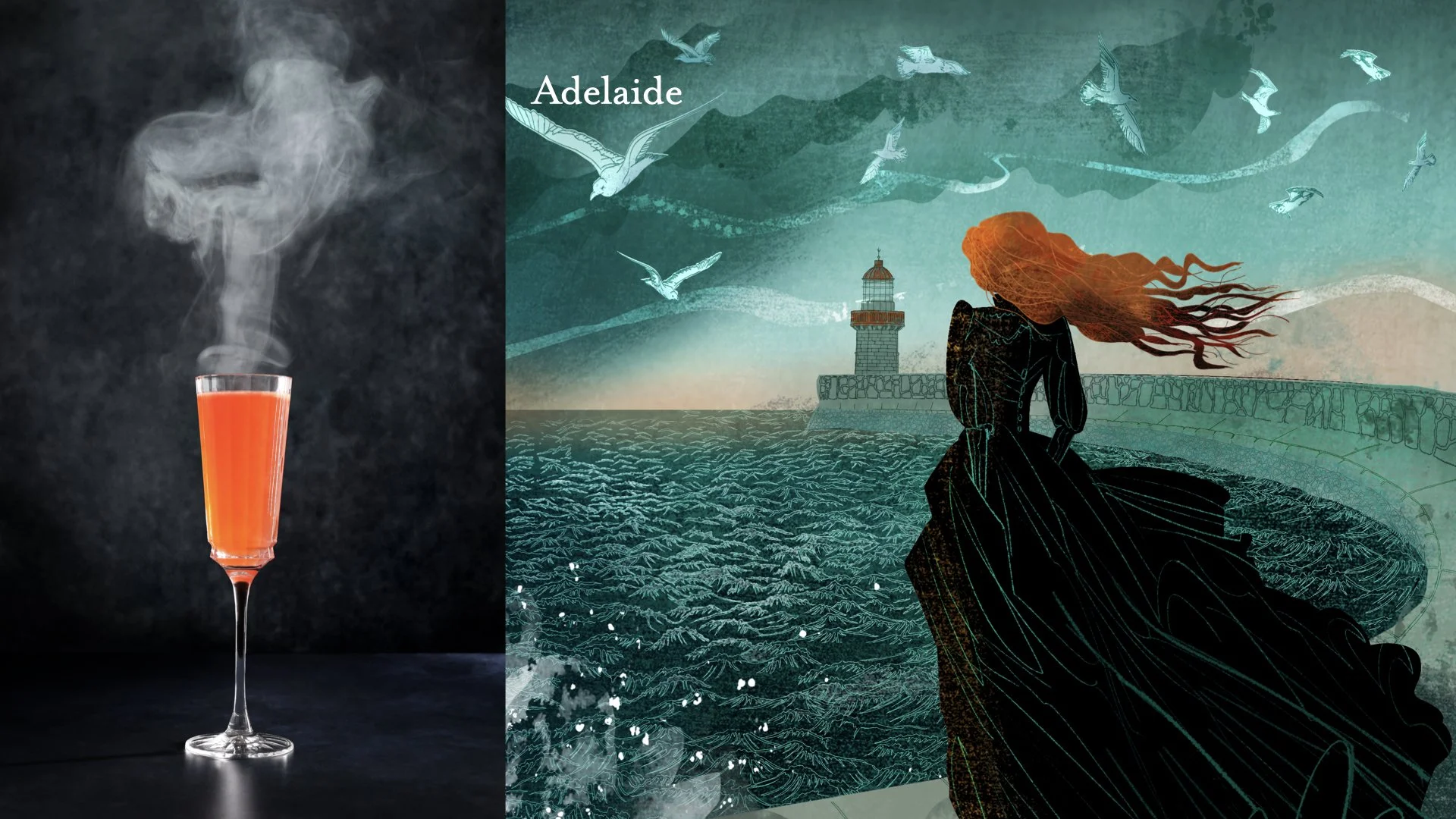 Side-by-side image of a steaming glass of bright orange beverage on the left and a digital illustration of a woman with flowing red hair looking at a lighthouse and flying seagulls on the right, with the word 'Adelaide'.
