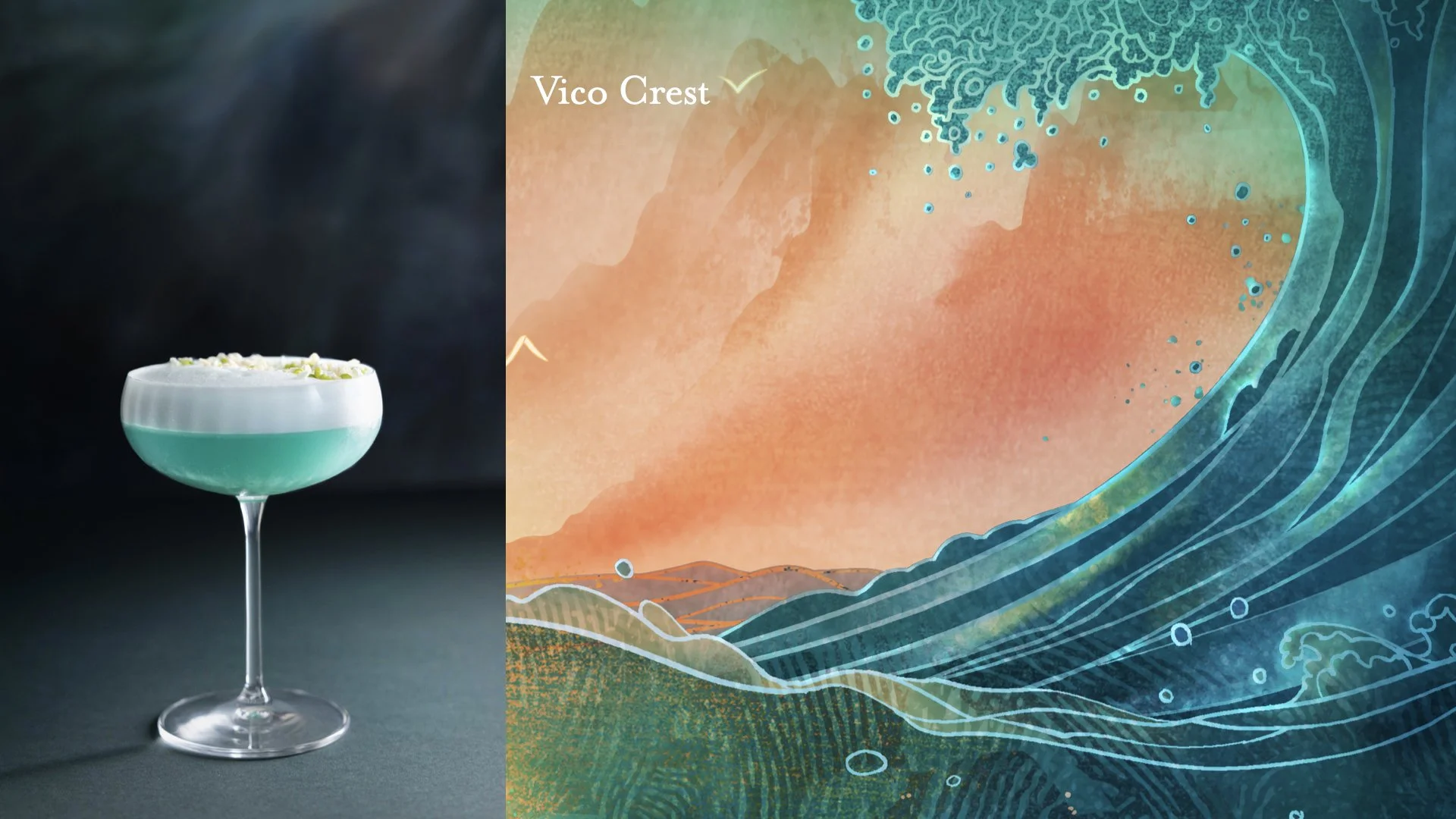 A cocktail glass with a turquoise and white layered drink topped with whipped cream on a dark background. Abstract and colorful ocean wave illustration on the right side with the words 'Vico Crest'.