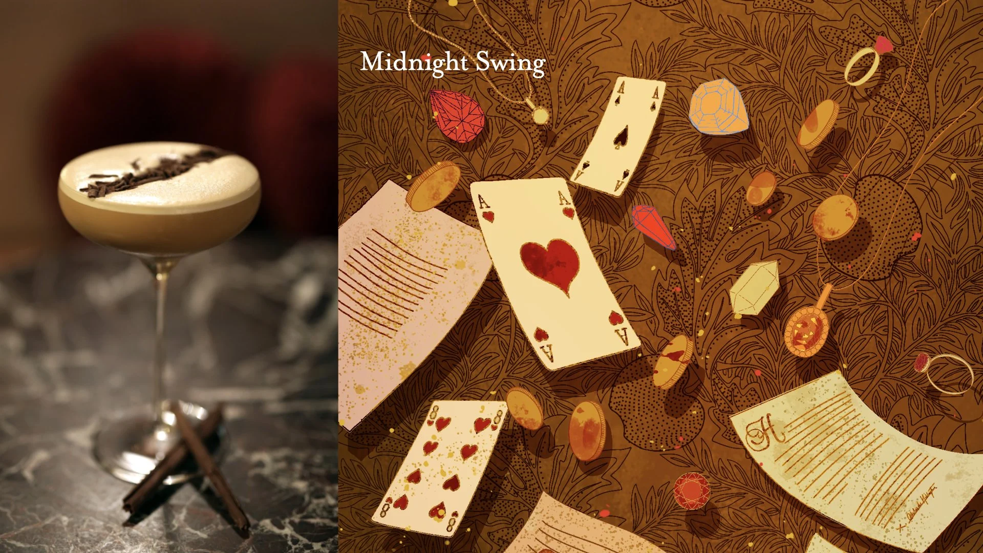 A cocktail in a martini glass with a frothy top and chocolate shavings, and a digital illustration of playing cards, gold coins, and jewelry on a patterned background with the text 'Midnight Swing'.