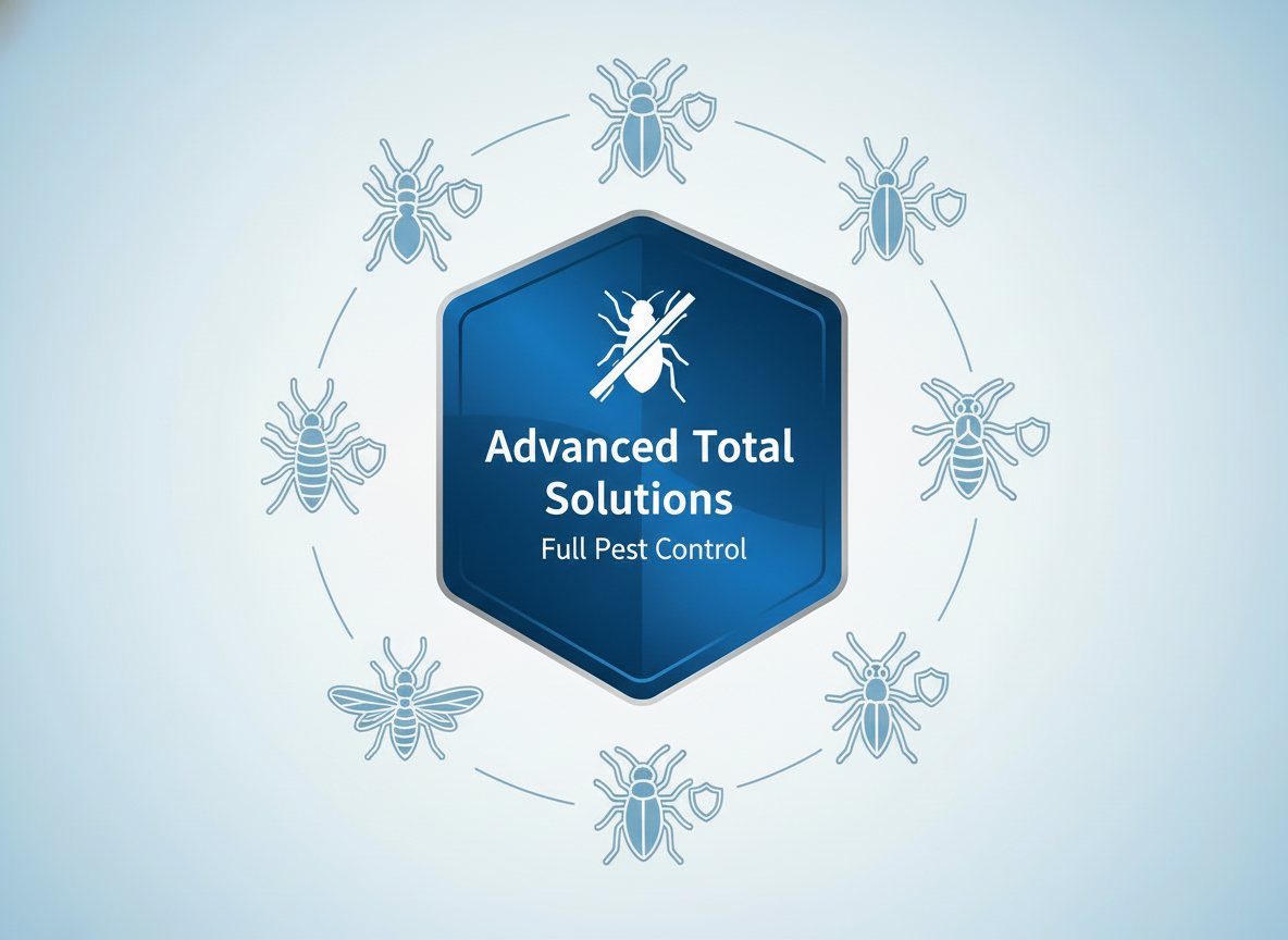 Logo for Advanced Total Solutions Full Pest Control, featuring a bug with a shield and slash symbol, surrounded by illustrations of various insects.