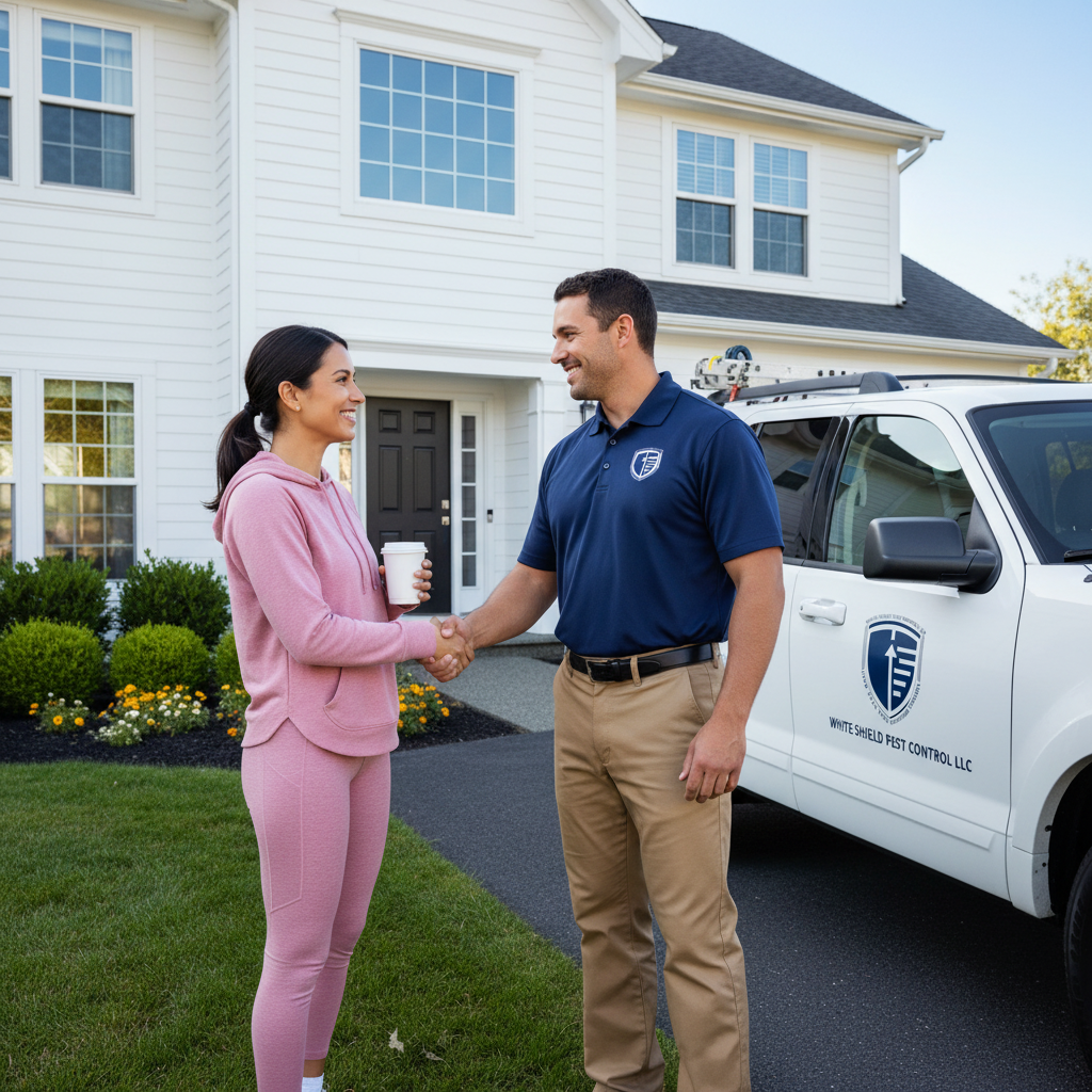 A woman in pink sweats shaking hands with a man in a blue uniform outside a white house. There is a white service vehicle with a logo parked nearby.
