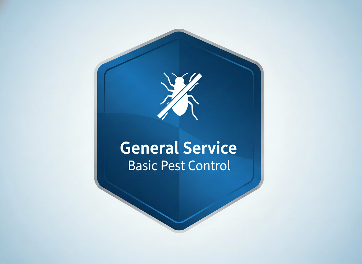 Blue badge with a bug crossed out, labeled 'General Service Basic Pest Control'.