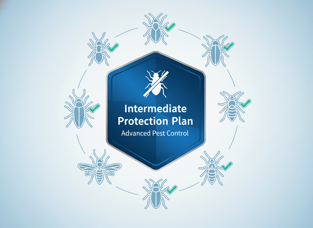 Diagram showing an insect protected by an intermediate pest control plan with various pests around it, some with check marks.