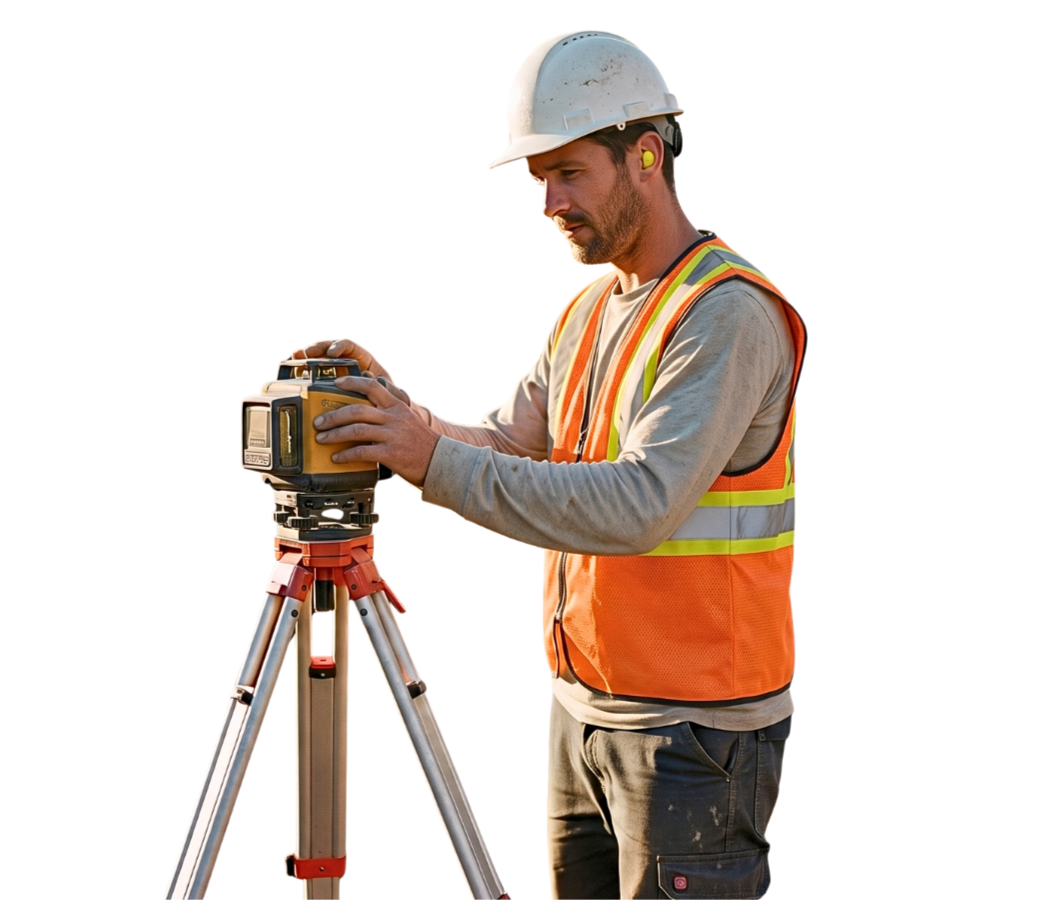 Arpenteur en pleine action pour l'implantation et le relevé de précision sur un chantier de Gosselin Tremblay Excavation à Québec.