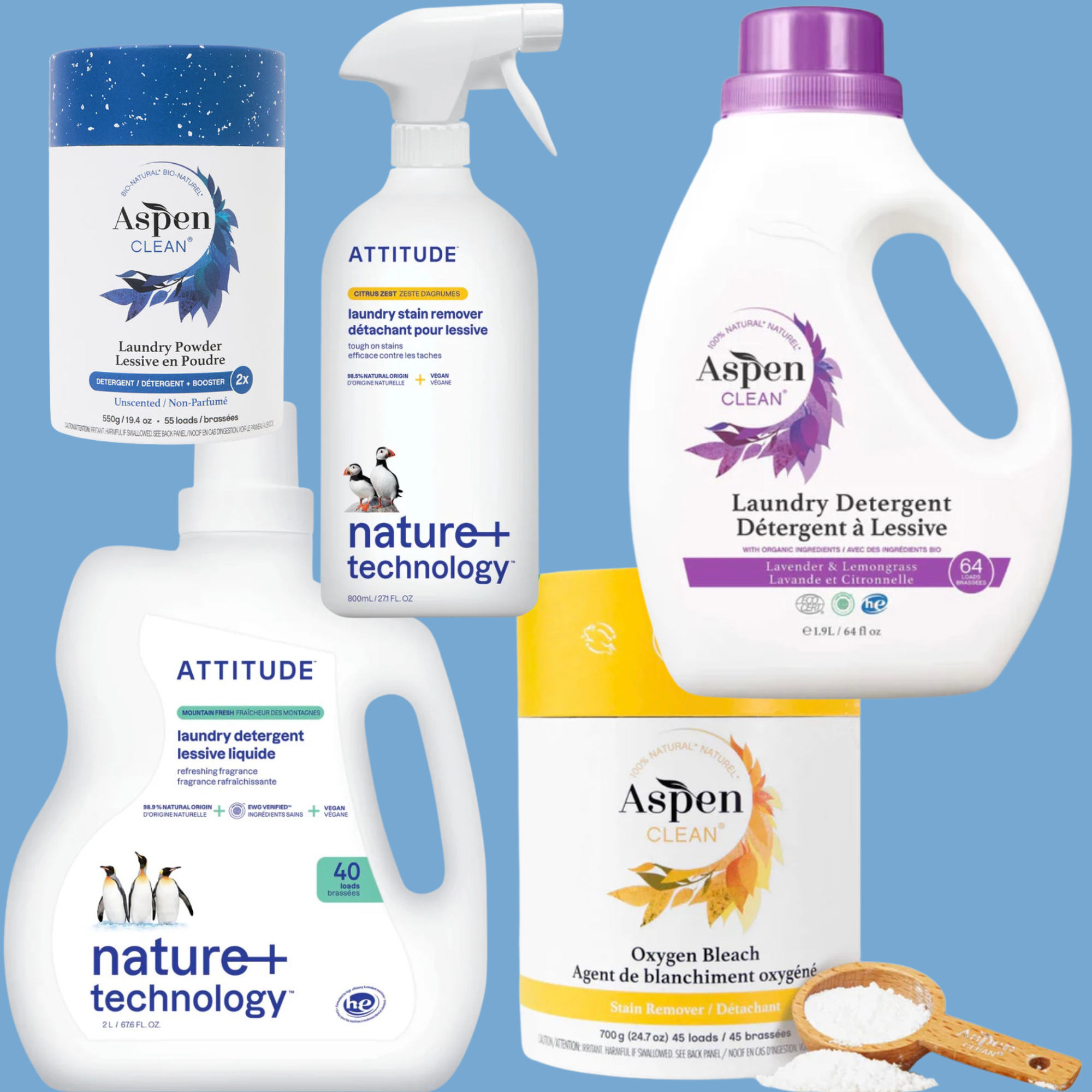 Collection of laundry cleaning products including Aspen detergent, spray stain remover, liquid stain remover, lavender and lemongrass detergent, oxygen bleach, and a scoop of powdered bleach, all on a light blue background.