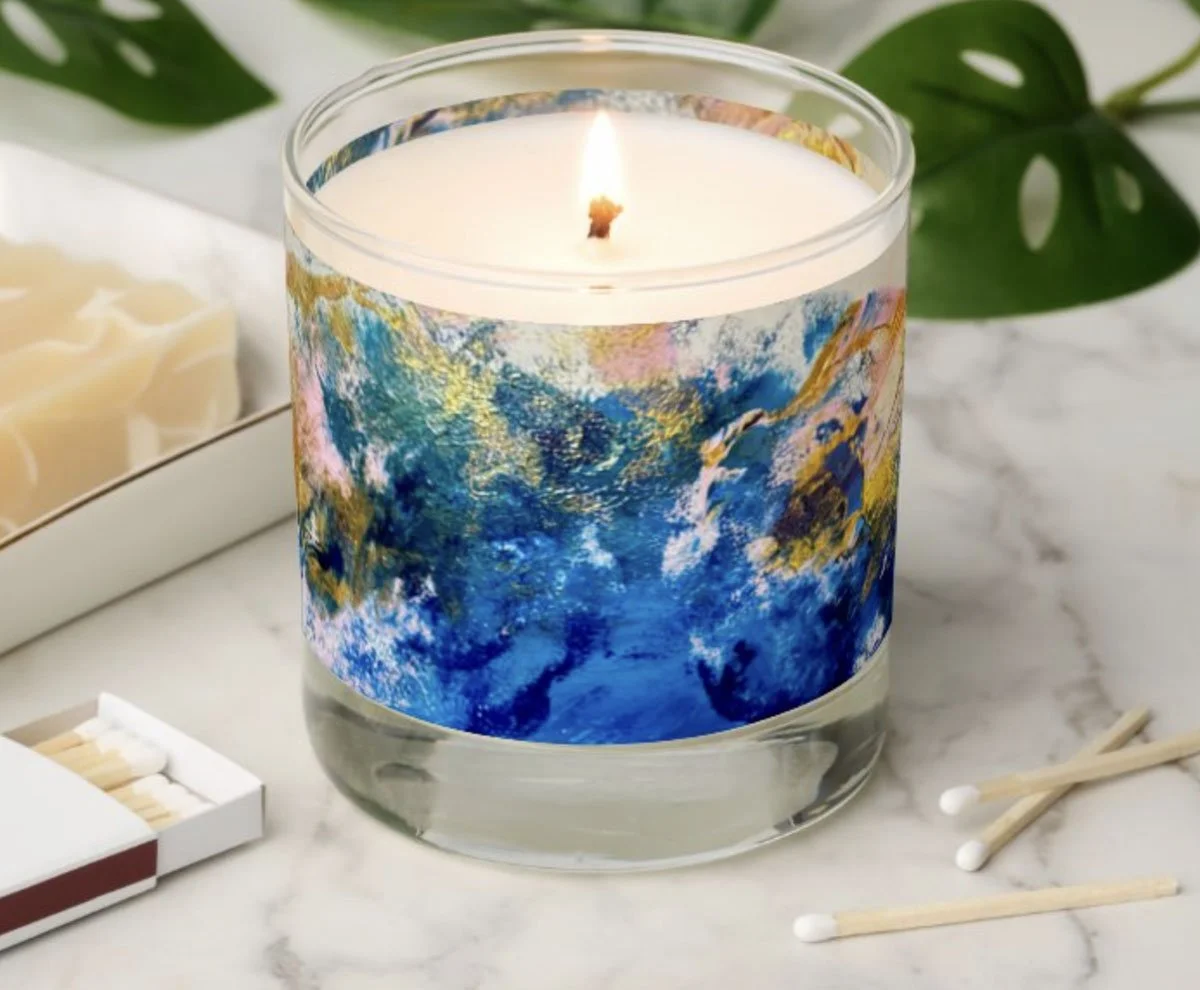 Heather Collis abstract designed soy candle in a glass container