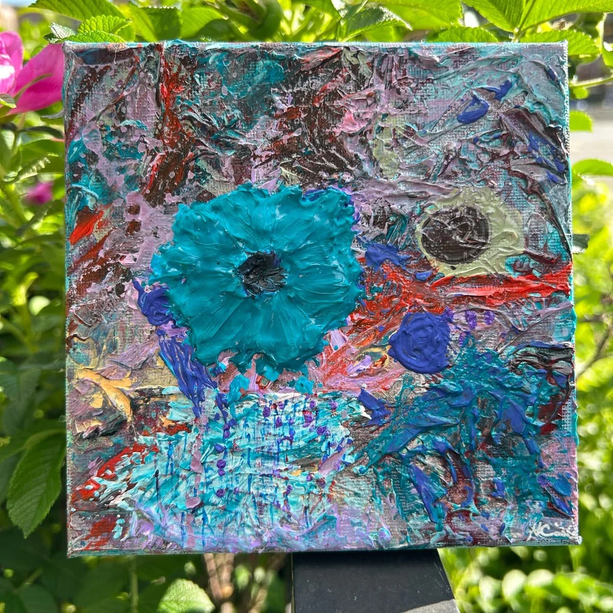 Turquoise rain shower with pink magenta and texture