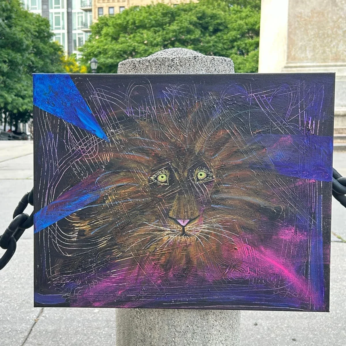 Original neon abstract lion canvas painting titled Acid Cat by Heather Collis