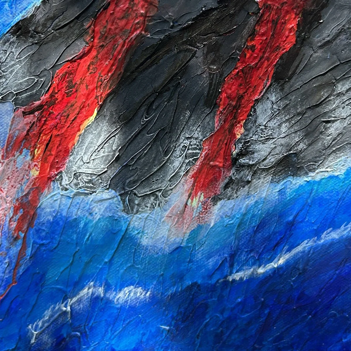 Heather Collis' painting close-up detail of impasto gel texture capturing vivid red and orange lava flowing into ocean waves signed in bottom corner