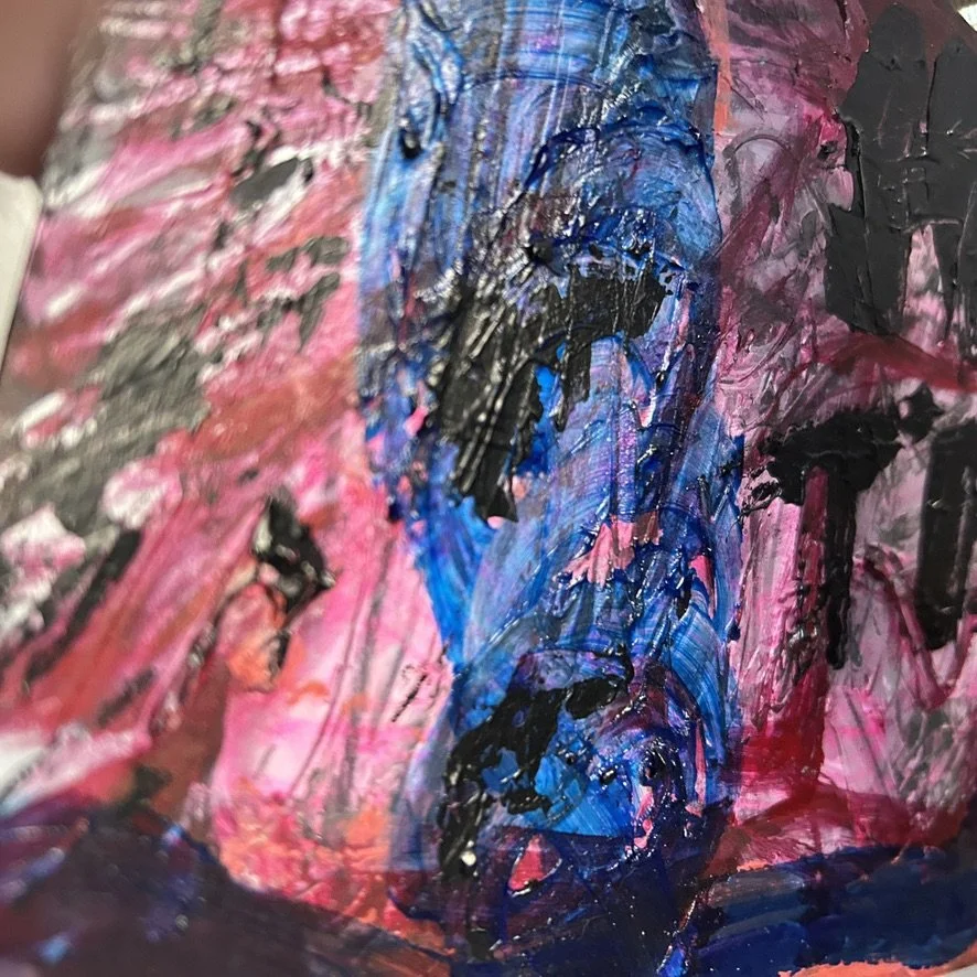 closeup textured dramatic painting with reds and blues showing tensioin