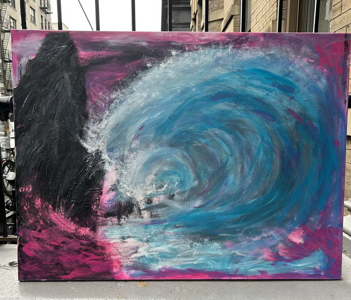 Large 30x40 Relationships painting displayed outdoors, showing heavy black impasto and turquoise wave textures