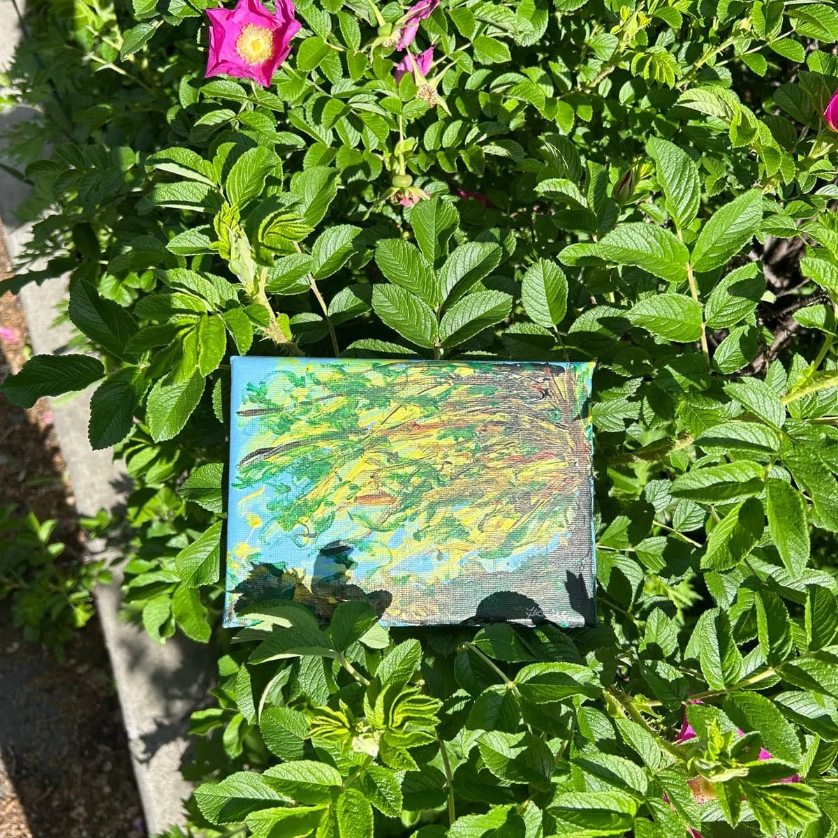Painting titled Easy Breezy by NYC Artist Heather Collis 5x7 canvas of greens, yellows and brown