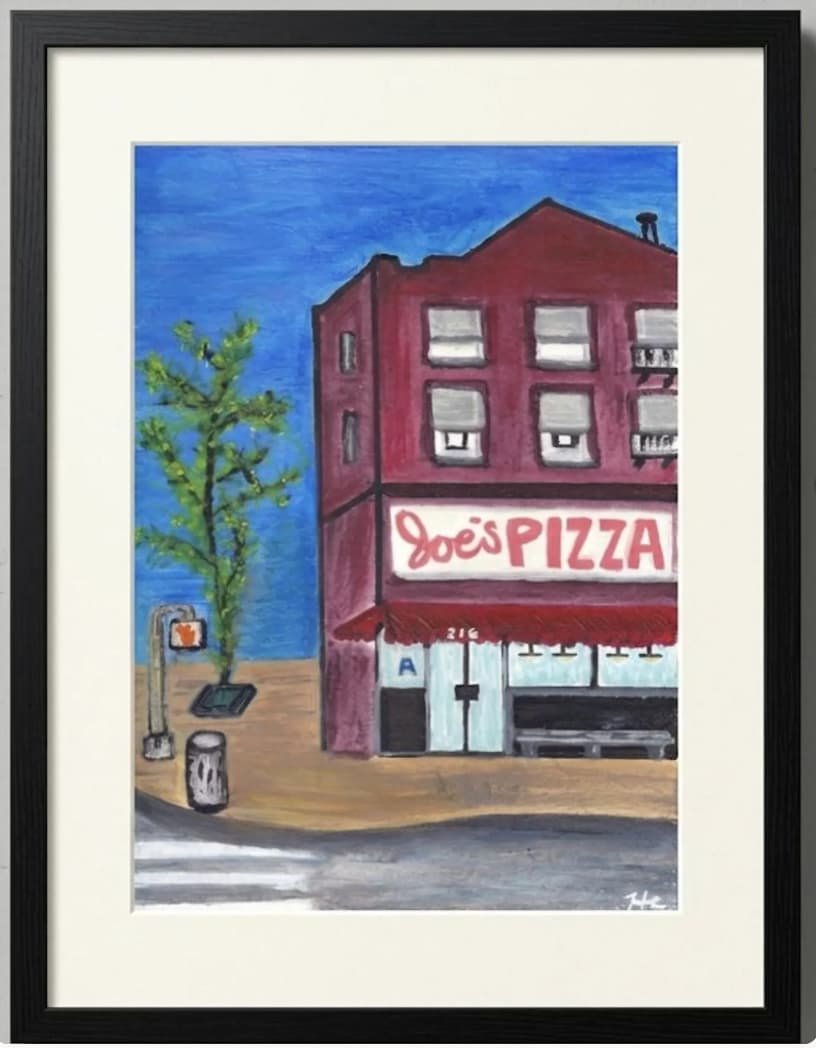 Framed Joe's Pizza storefront painting in a modern black frame with white matting displayed on a plain background