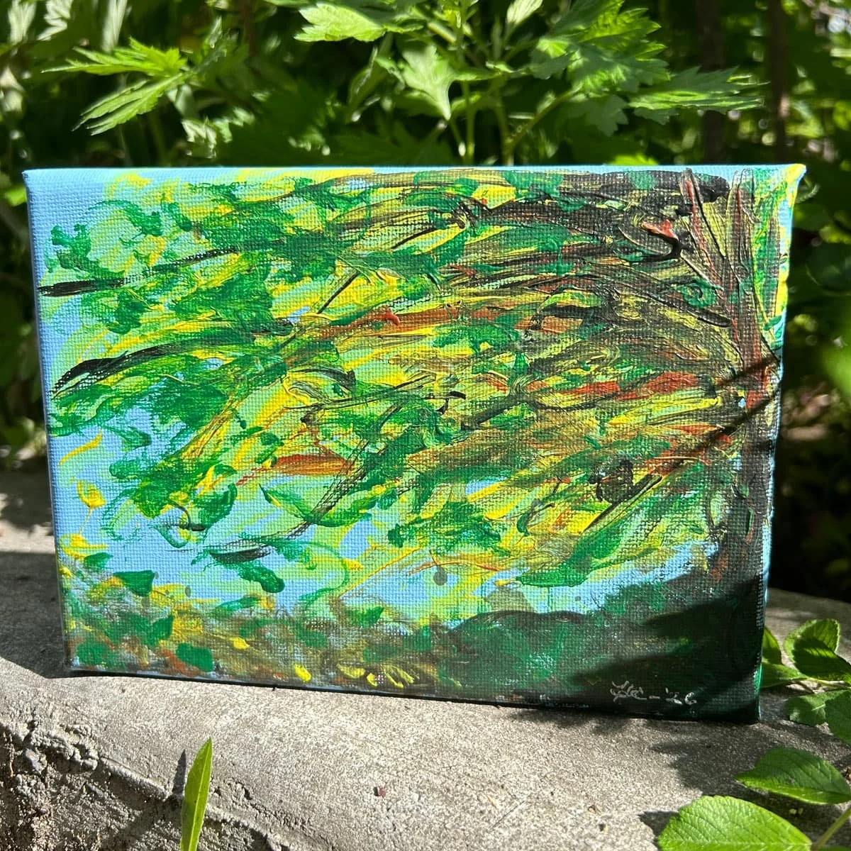 Painting titled Easy Breezy by NYC Artist Heather Collis shows a windy tree with leaves blowing