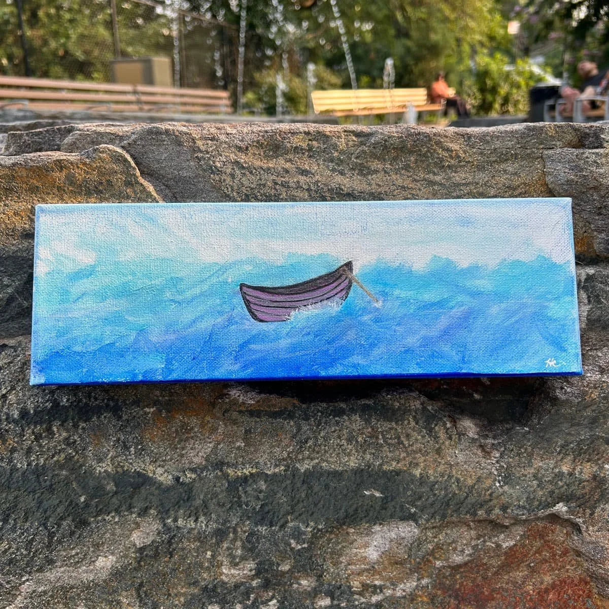 Painting of a boat floating in the ocean secured by an anchor line going into the water by Heather Collis