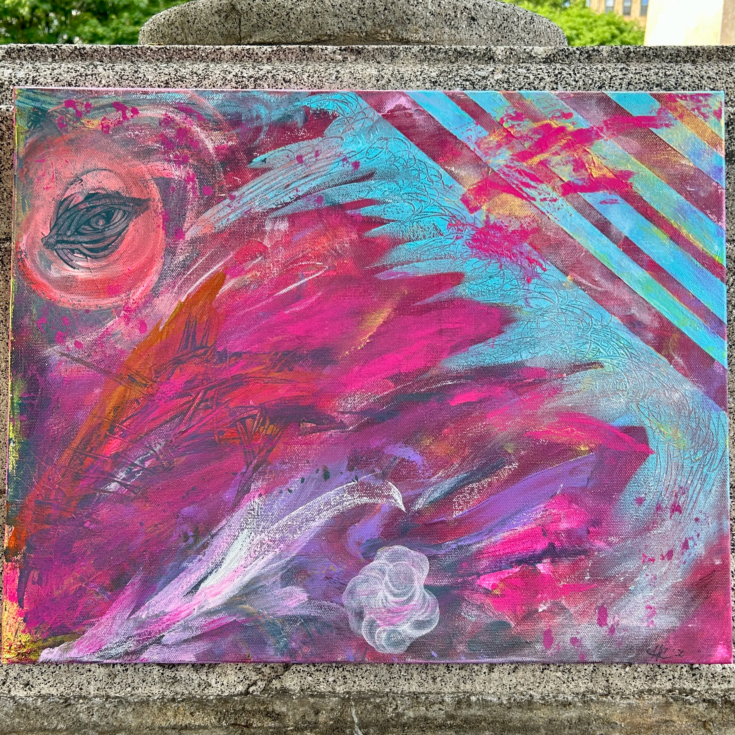 Original abstract expressionist canvas painting titled Floodgates of Emotion by NYC artist Heather Collis featuring sweeping layers of vibrant magenta, deep purple, and light blue with geometric stripes and symbolic line work.