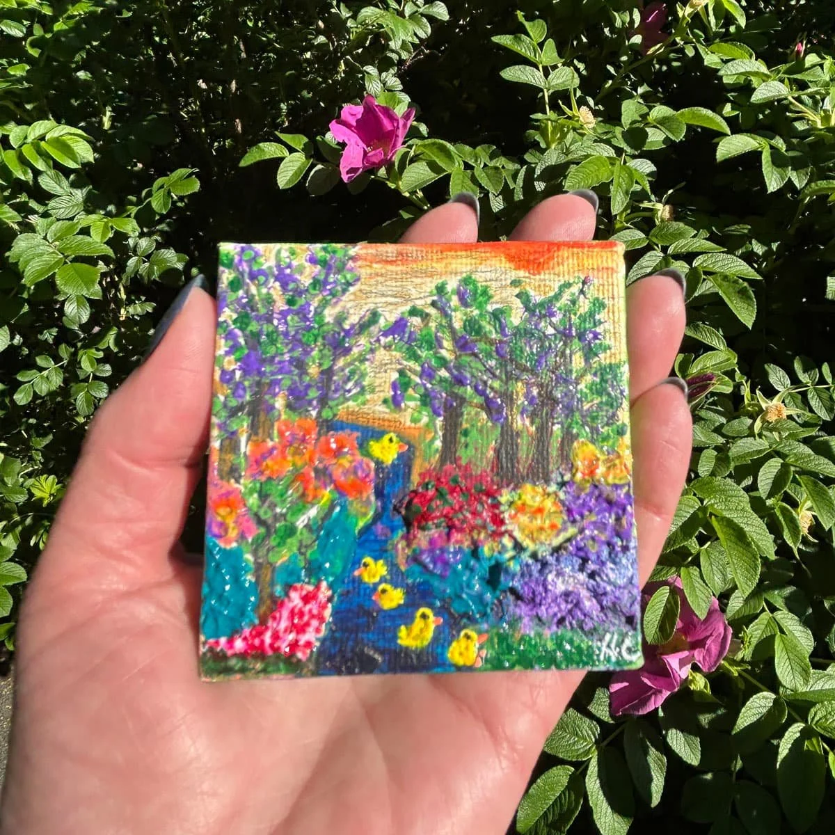 Chicks Swimming in a stream, floral abstract textured painting by Heather Collis