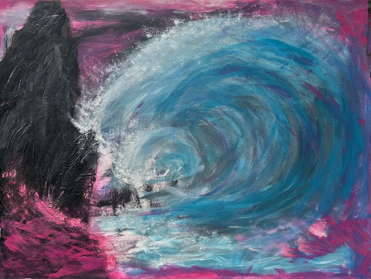 Heather Collis 30x40 impasto painting of a textured black lava mountain and crashing blue wave on magenta background