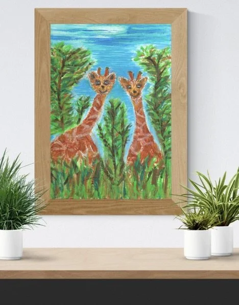 Giraffe twins abstract original art framed 11x17 print