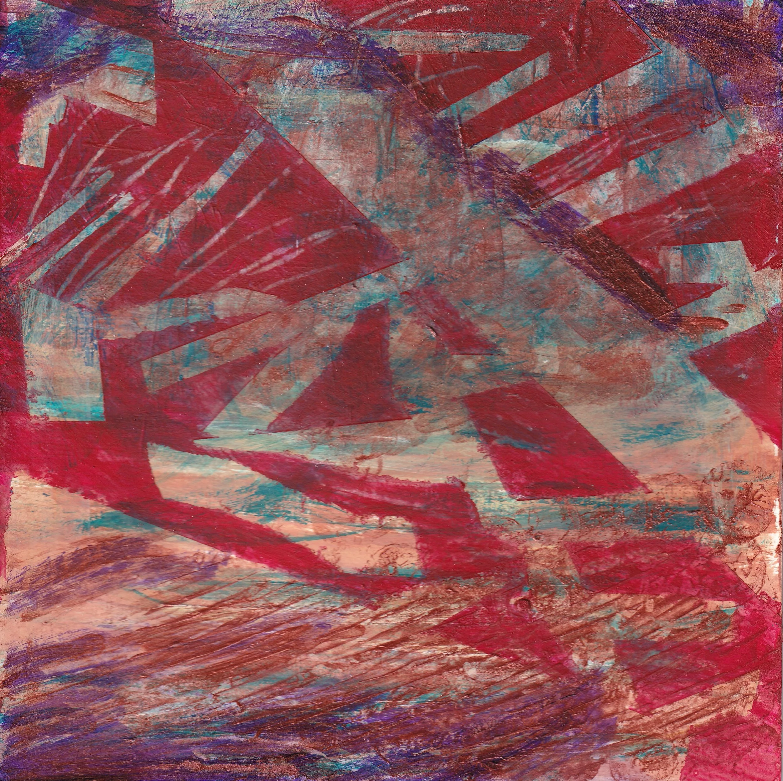 Abstract painting with layered brushstrokes and movement in warm and cool tones