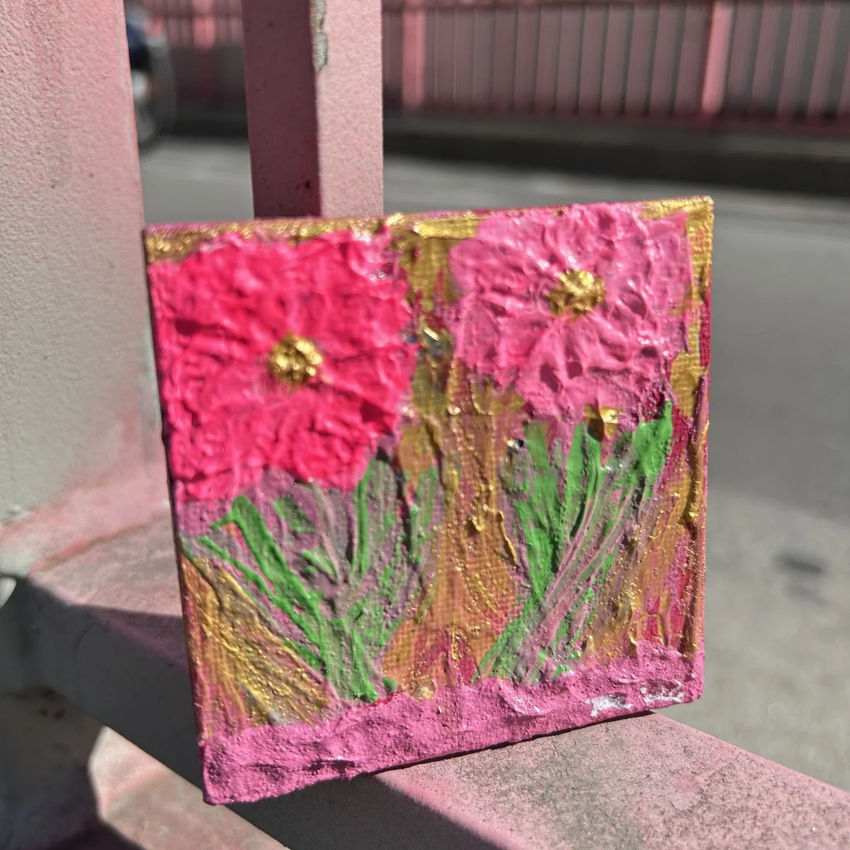 Bright pink flowers 3x3 canvas mini art abstract texture painting Twin Sisters