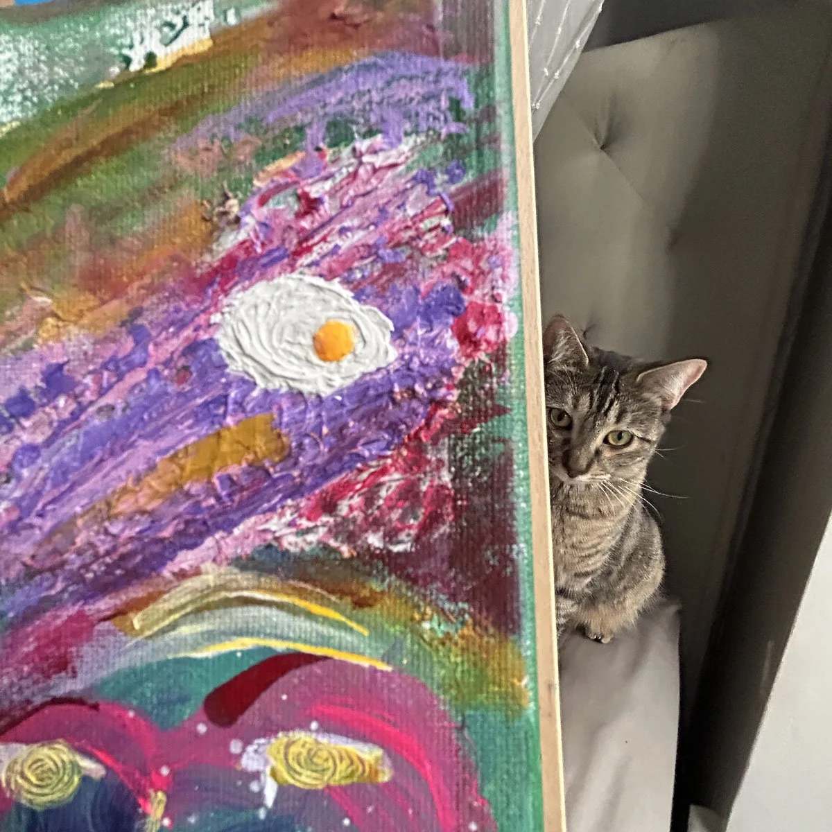 Triptych of 4x12 canvas paintings called Your Brain on Drugs highlighting the egg and quality control kitten Zizi