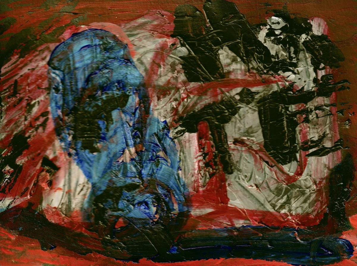 Abstract expressionist painting with aggressive emotional red, black, and white background brushstrokes and a dominating central blue figure by Heather Collis.