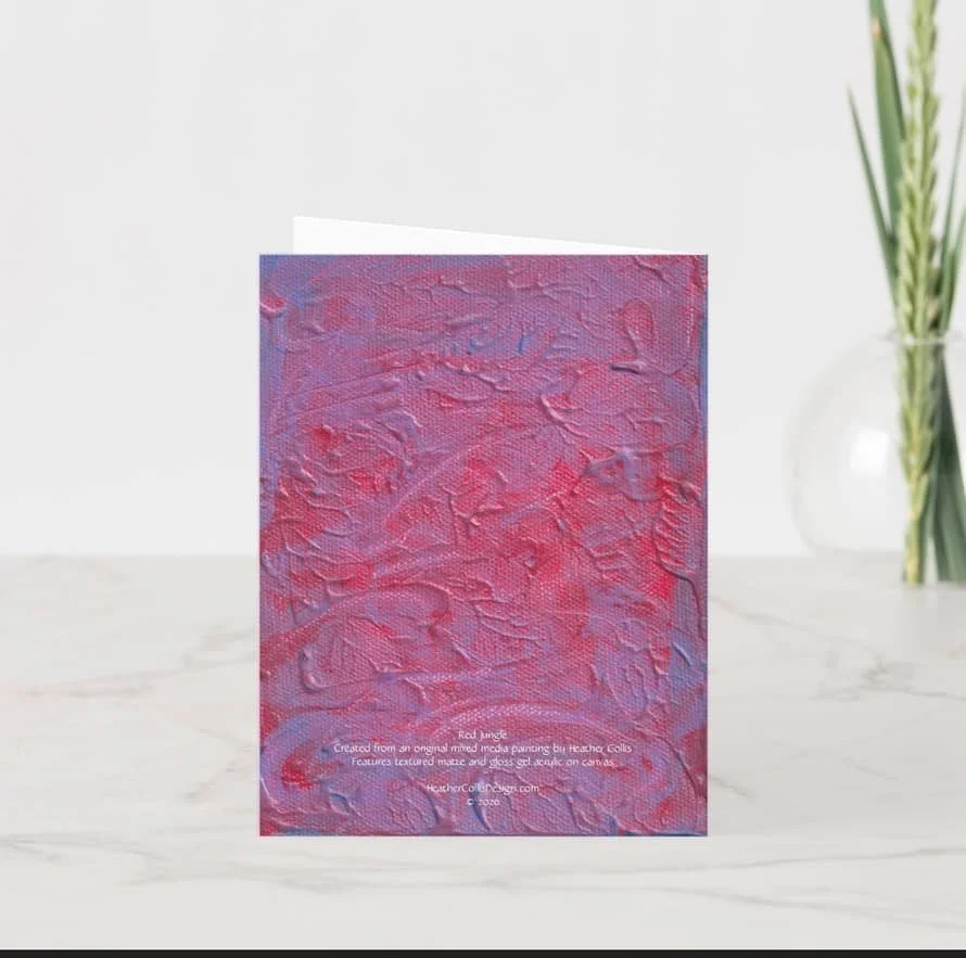 Folded 4x6 blank greeting card with white envelope featuring Red Jungle artwork