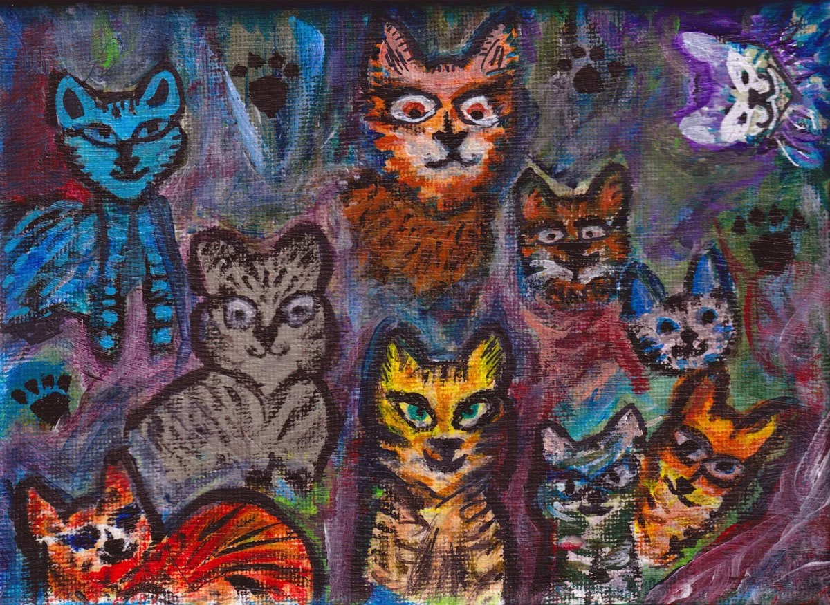 Card made from an original painting of 10 Cats called 10 Lives by Heather Collis