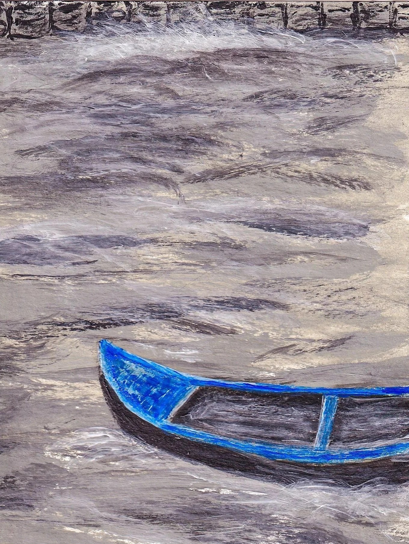 Painting of a blue boat on water with textured waves and a cloudy sky