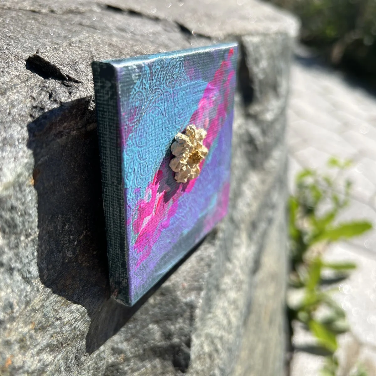 Mini original 3x3 canvas showing a side view the clay flower positioned in the center by artist NYC Heather Collis titled Lemon Sugar Cookie