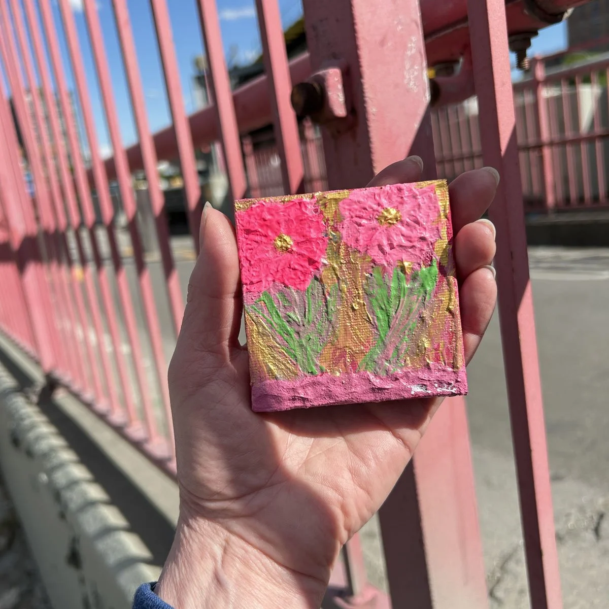 Abstract texture flowers mini art painting with pink and gold by Heather Collis called Twin Sisters