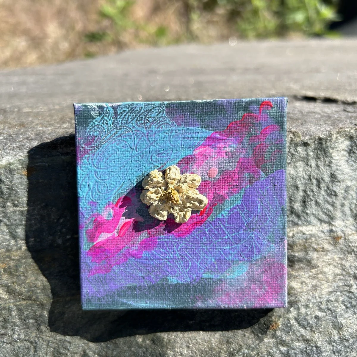 Mini original canvas of bright neon colors with a clay flower by artist NYC Heather Collis titled Lemon Sugar Cookie