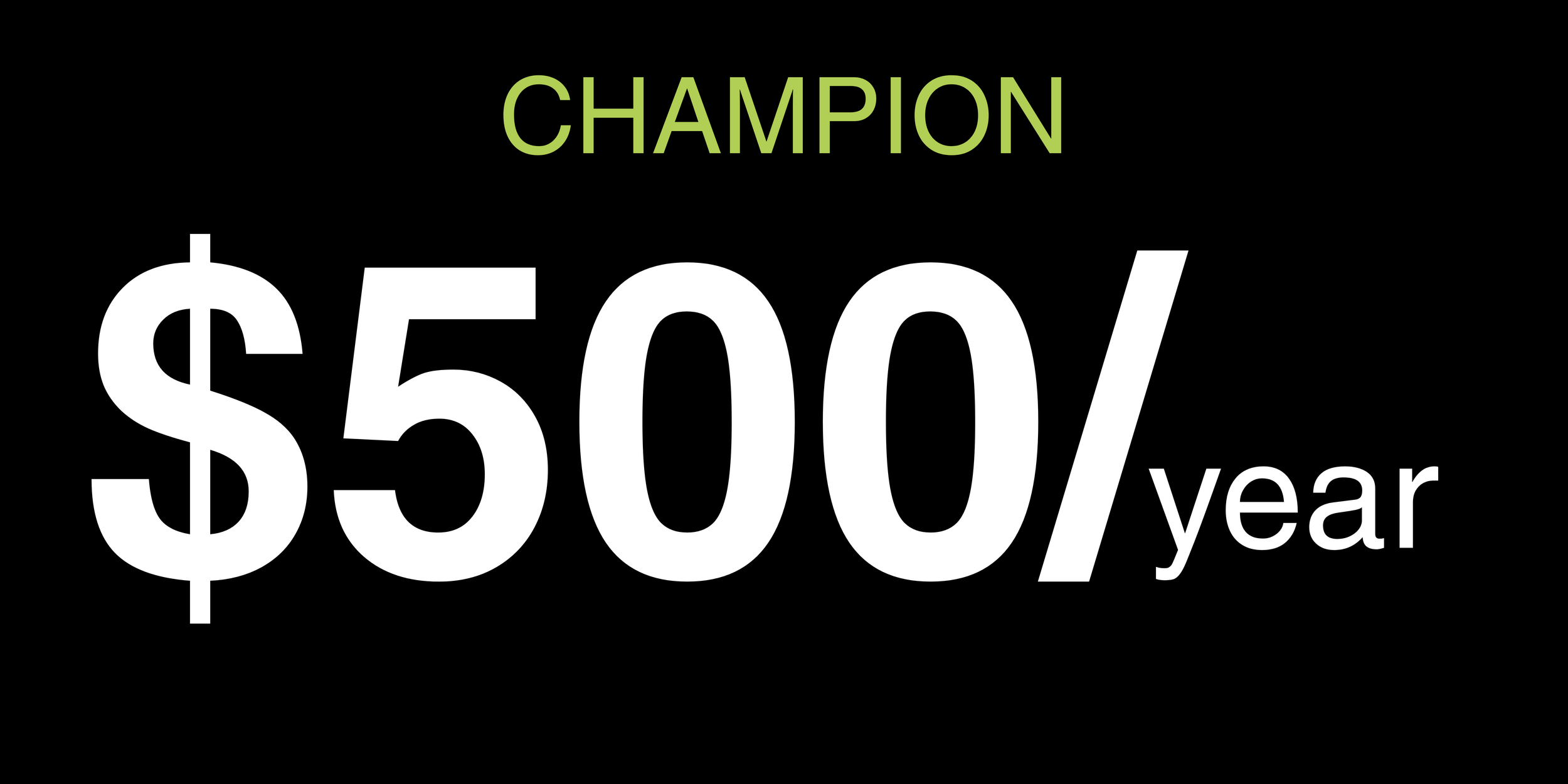 Text stating 'Champion $500/year' in white and green on a black background.