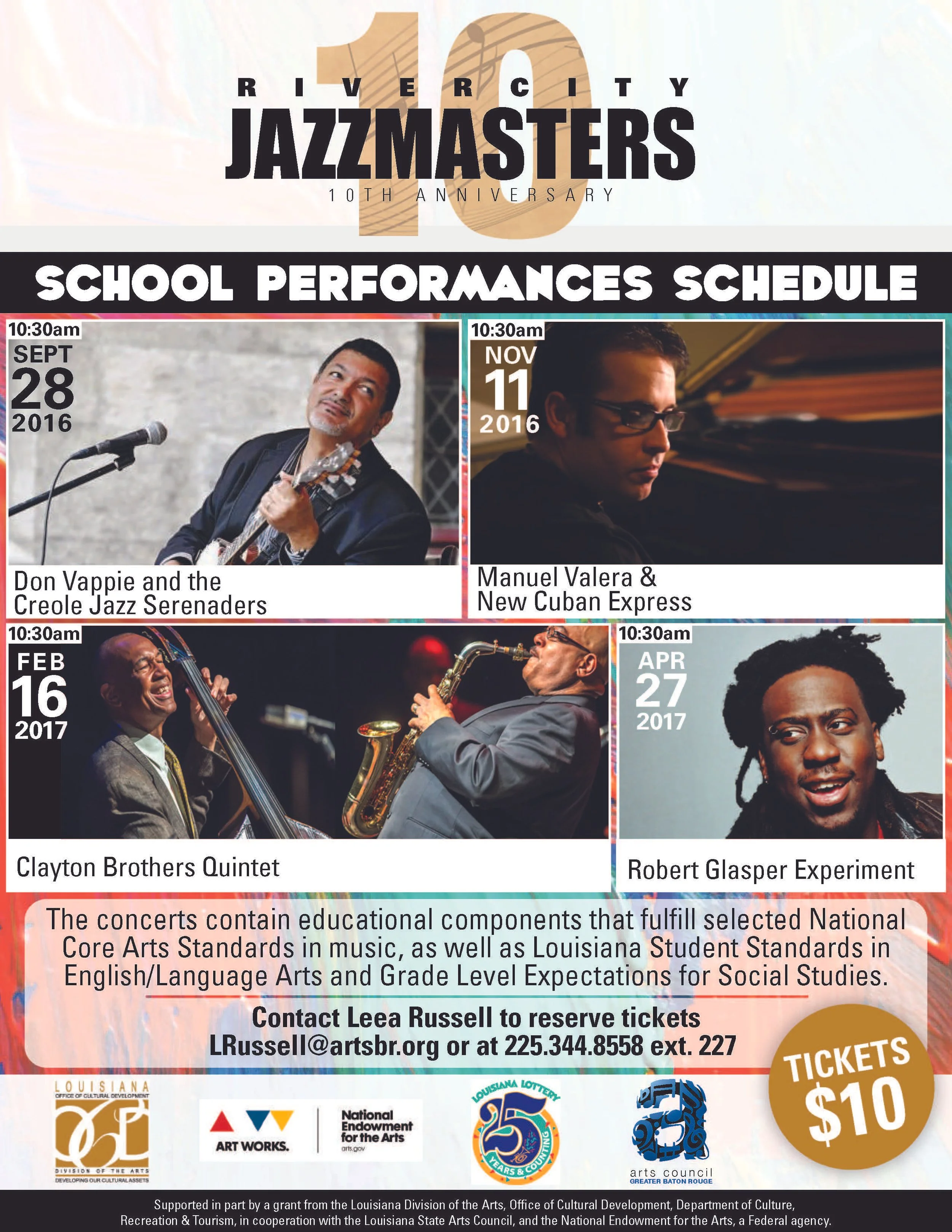 Schedule for Riverside City Jazz Masters 10th Anniversary school performances in 2016 and 2017 with images of jazz musicians and event details.