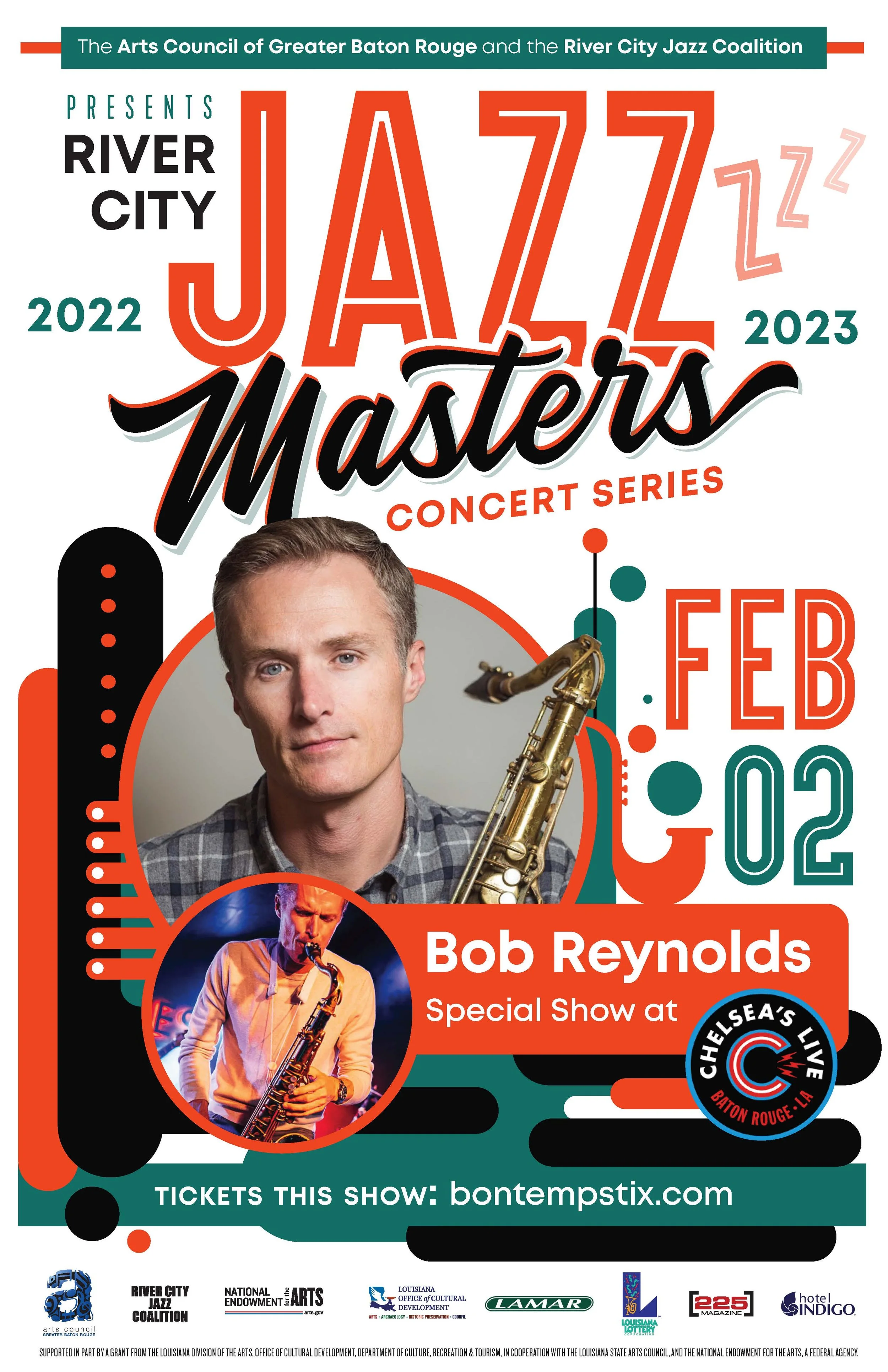 Concert poster for the River City Jazz Masters featuring Bob Reynolds with photo of him holding a saxophone, scheduled for February 2023, presented by the Arts Council of Greater Baton Rouge and River City Jazz Coalition.