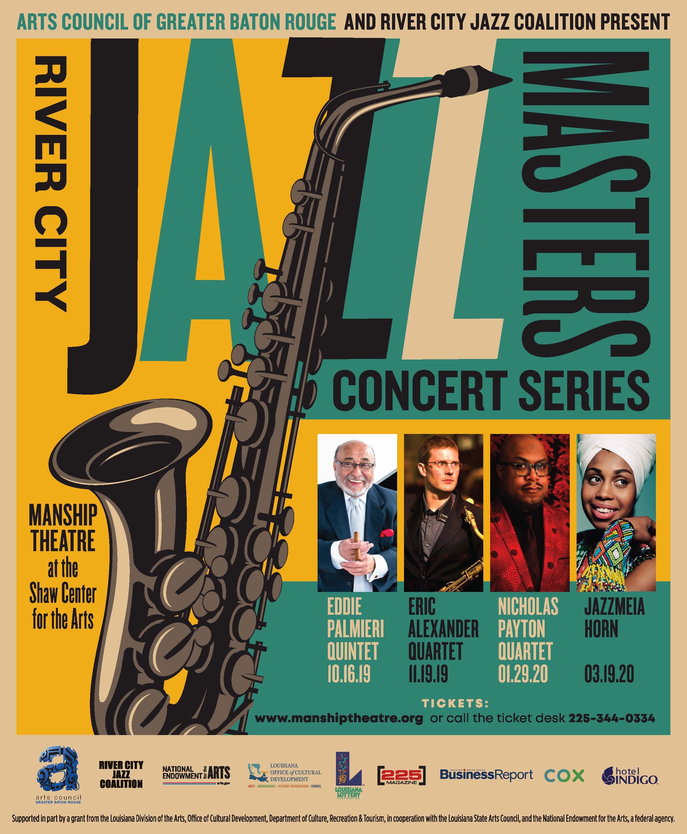 Poster for a jazz concert series presented by the Arts Council of Greater Baton Rouge and River City Jazz Coalition, featuring four jazz musicians with their photos and names, scheduled from October 16, 2019, to March 19, 2020, at the Shaw Center for