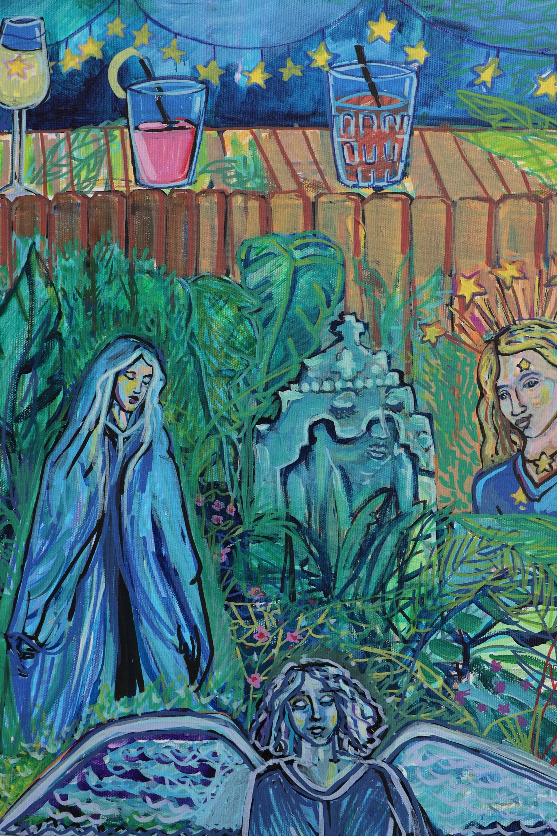 A colorful abstract painting with various elements including a woman with long, flowing hair, a fountain, stars, and lush green foliage, suggesting a whimsical, fantasy scene.