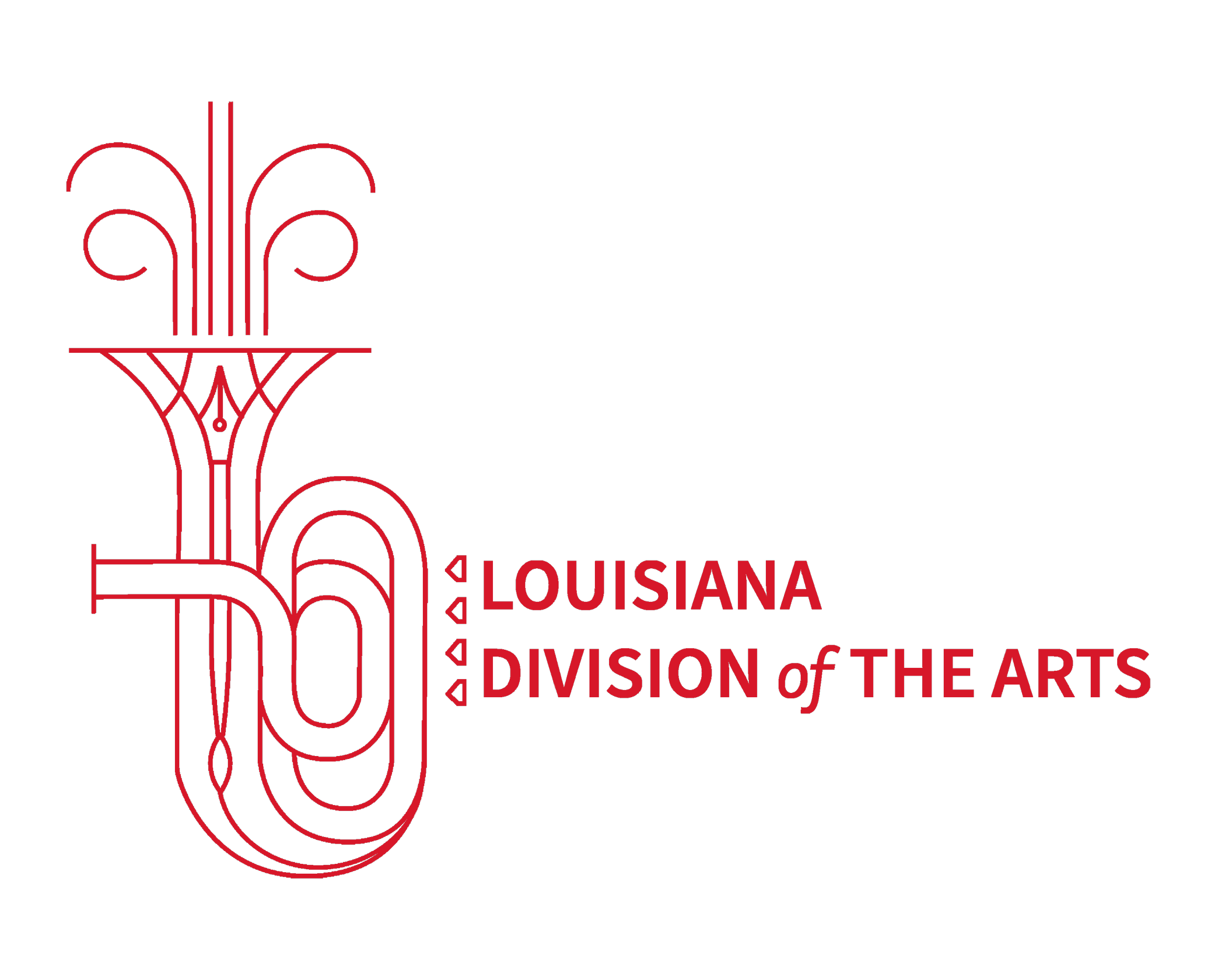 Line drawing of a fleur-de-lis with the words 'Louisiana Division of the Arts' and 'Division of the Arts' in red on a black background.