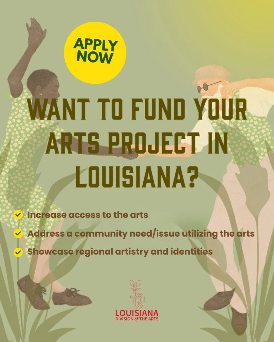 Poster with text asking if you want to fund your arts project in Louisiana, with a yellow 'Apply Now' circle and illustrations of children holding hands and dancing.