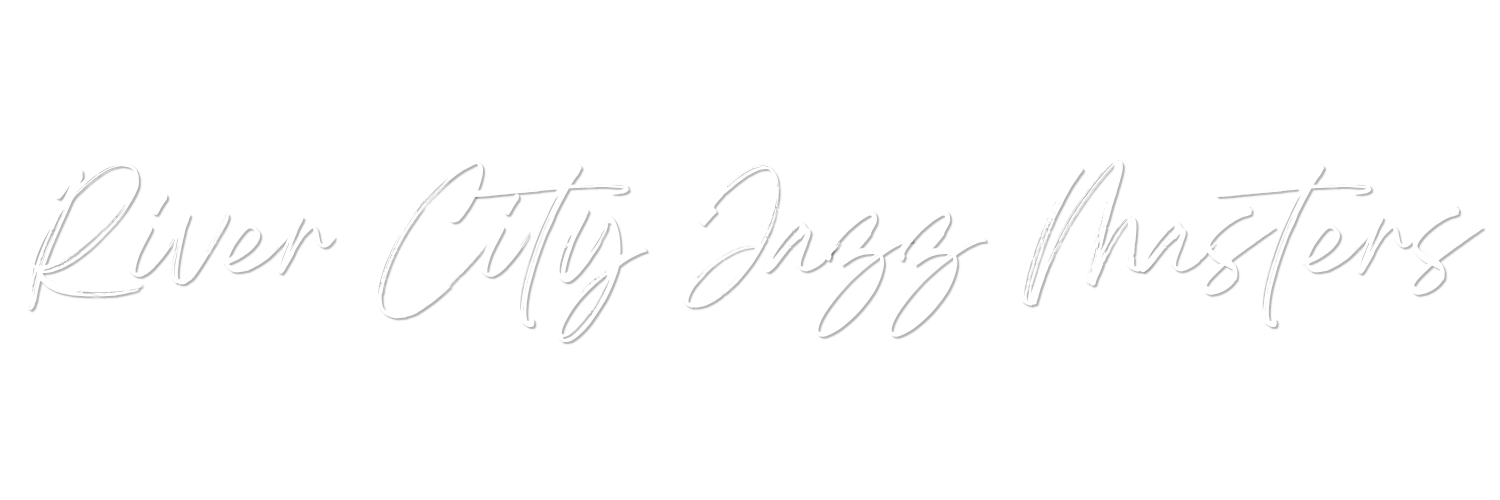 Text reading 'River City Jazz Masters' in white cursive font on a black background.