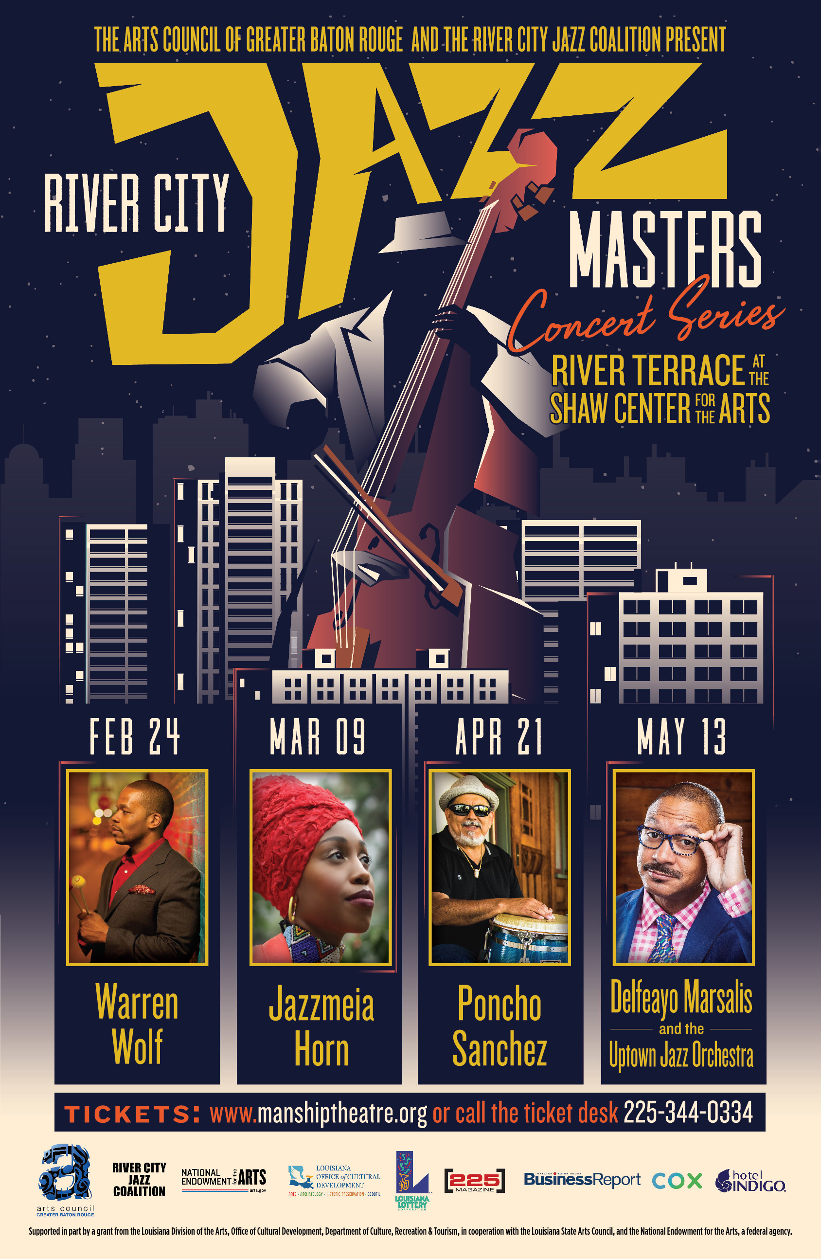 Jazz Masters Concert Series poster featuring a stylized jazz musician playing the double bass against a night city skyline background. Event dates listed from February 24 to May 13 with artist photos and names. Presented by the Arts Council of Greate